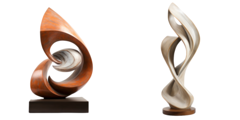 Two Abstract Stone Sculptures Isolated on a White Background Showing Ornate Detailed Surface and Modern Design