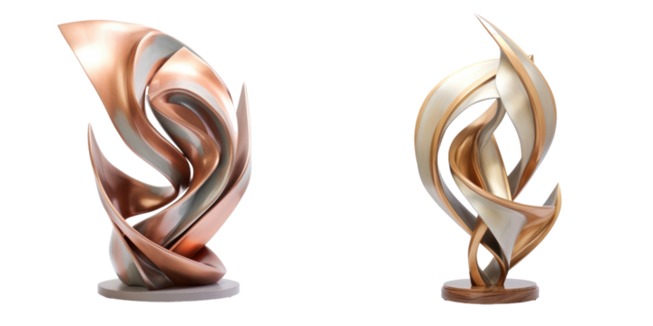 Two Abstract Sculptures in Copper and Gold Colors with Swirling Forms Isolated on a White Background