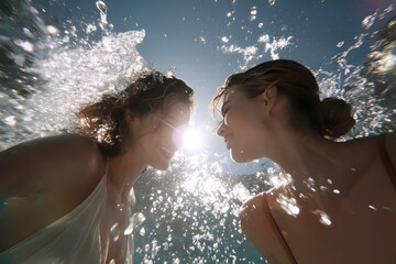 Obraz premium Low-angle fun swimwear moment of women splashing water under bright sun