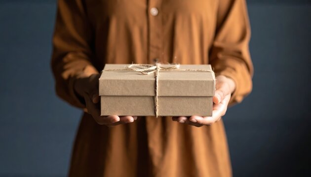 Woman holding a beautifully wrapped brown gift box with ribbon, festive celebration of giving - Powered by Adobe