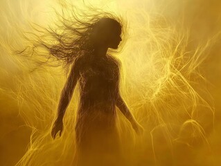 Fototapeta premium ethereal woman golden energy, yellow and gold energy, female figure silhouette