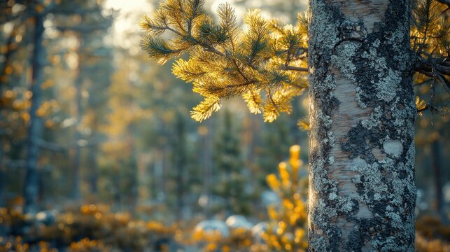 Golden pine branch on a tree trunk in a sunlit forest