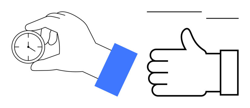 Hand holding circular clock signifies punctuality while adjacent thumbs-up gesture implies approval or positive feedback. Ideal for productivity, teamwork, efficiency, goal-setting, deadlines