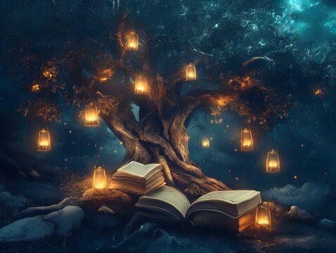 mystical tree with lanterns glowing lanterns hanging from branches, dark forest, night scene, book