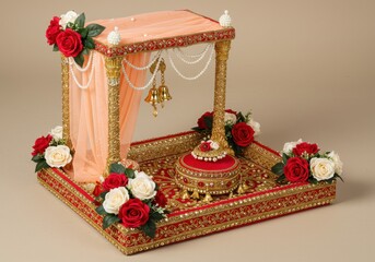 Decorated wedding tray with flowers and hanging bells
