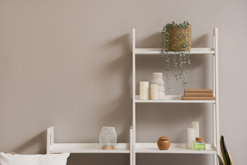 Shelf units with books, candles and plant near grey wall in room