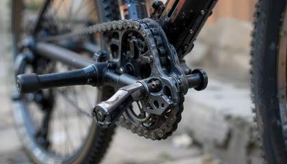 Close up showcases the bicycle's crankset, chain, and pedals, emphasizing cycling, mechanics, and outdoor activity details.