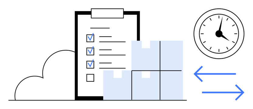 Task checklist beside stacked parcels, clock emphasizing time, and arrows suggesting flow. Ideal for logistics, delivery, time management, organization, productivity, planning warehouse management