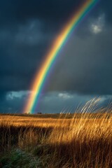 Fototapeta premium Bright Rainbow Arcs Over a Golden Field: A Stunning Display of Nature's Beauty Against a Backdrop of Dark Storm Clouds.