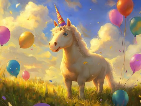 a cute, whimsical unicorn with a rainbow horn standing in a sunny field surrounded by colorful party balloons