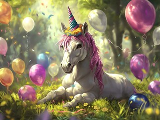 pink unicorn lying down, balloons, colorful confetti, playful scene