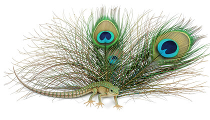 Obraz premium Green lizard poses elegantly against a vibrant arrangement of peacock feathers with eye-catching patterns and isolated on transparent background.