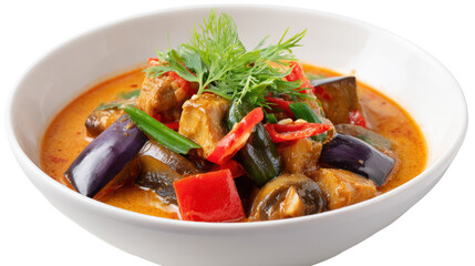 Delicious curry with chicken, eggplant, bell pepper, and fresh herbs, on a white isolated background.