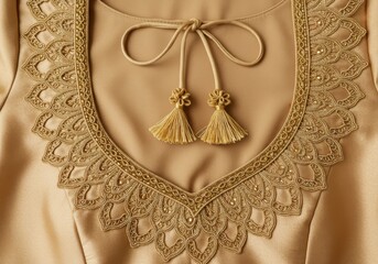 Golden blouse with embroidered neckline and tassel details