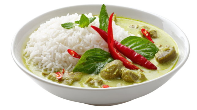 Delicious green curry with rice, fresh herbs, and red chili, plated beautifully.