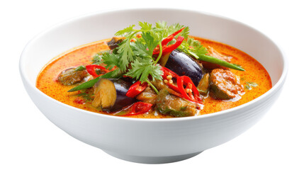 Delicious Thai curry with fresh vegetables and herbs, served in a white bowl.