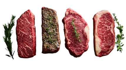 Four cuts of premium steak with fresh herbs, isolated on black background.