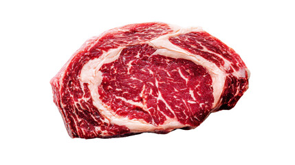Fresh ribeye steak, marbled and raw, isolated on a white background.
