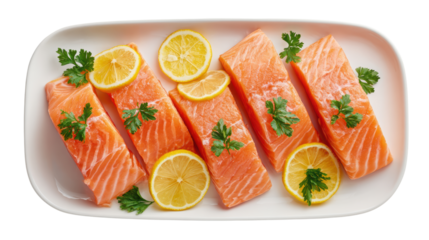 Fresh salmon with lemon slices and parsley on a white plate.