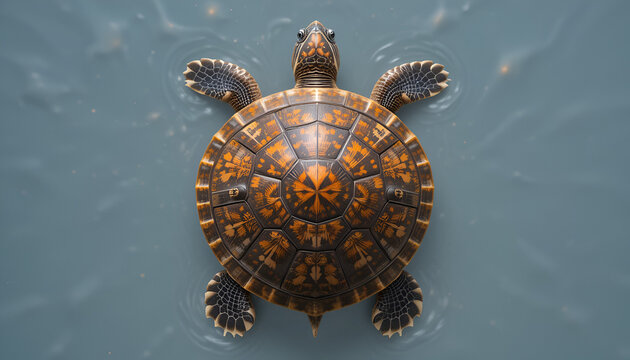 A beautiful Eastern box turtle swims gracefully in the water, showing its patterned shell and speckled skin.