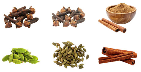 Collection of high-quality images featuring whole dried cloves, green cardamom pods, and cinnamon sticks with powder, isolated on a transparent background
