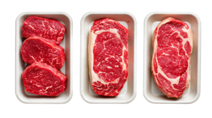 High-quality cuts of red meat showcased in trays on a white background.