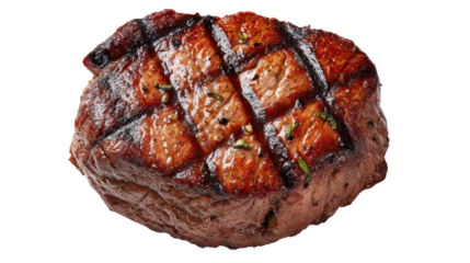 Juicy grilled steak with a perfect sear, isolated on a white background.
