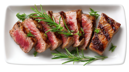 Juicy sliced steak garnished with fresh herbs on a white plate.
