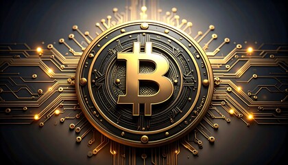 Golden Bitcoin symbol on circuit board (1)