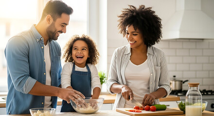 A candid-style photograph of a happy, mixed-race family cooking together in a bright, modern kitchen. The father and young daughter are laughing as they mix dough in a bowl. The mother is chopping veg