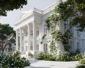 High-Detail Architectural Rendering of White Neoclassical Building on Transparent Background

