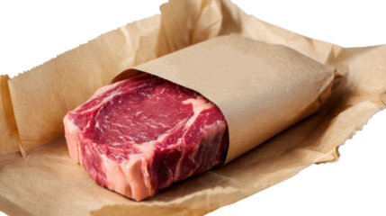 Raw steak wrapped in brown paper, isolated on white background.