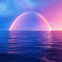 Majestic rainbow arc spanning over calm ocean waters at tranquil sunset horizon