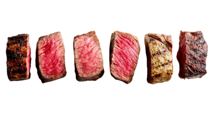 Sliced beef steak variety, highlighting different cooking levels, white isolated background.