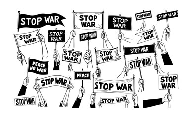 Hands of activists holding stop war banner and hearts. protest of peoples.ai