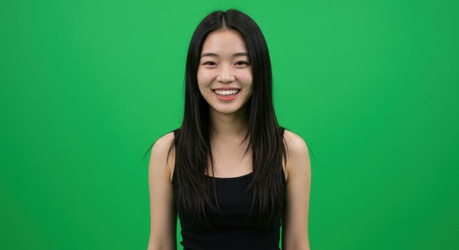 Young woman smiling, portrait against green screen
