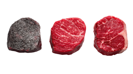 Three cuts of beef steak, displayed on a white isolated background.