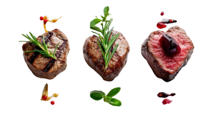 Three beautifully garnished steak cuts on white isolated background.