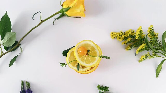 yellow and orange fruits, colorful fruit assortment, vibrant flower display, charming pepper varieties, joyful lemon accents, refreshing floral colors, captivating rose details, beautiful citrus arran