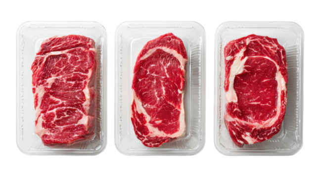 Three cuts of fresh beef steak in clear plastic trays, ideal for culinary and grocery presentations.