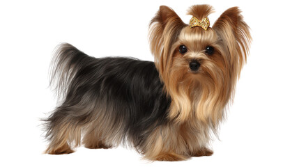 Yorkshire Terrier with a stylish top knot, standing proudly on a white isolated background.