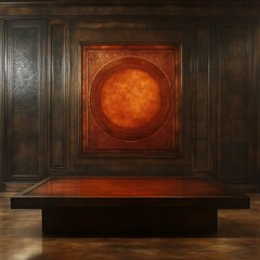 Dark, ornate,  wooden room with a glowing, circular artwork and a low table