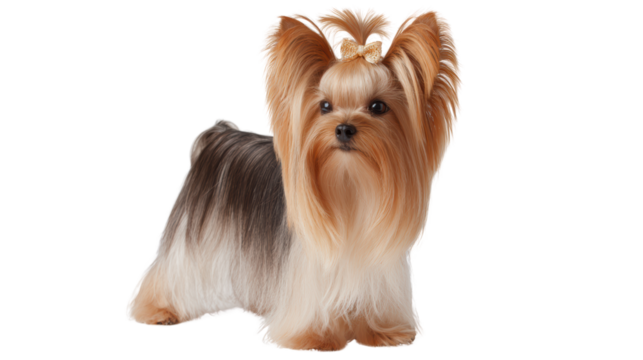 Yorkshire Terrier standing gracefully on a white isolated background.