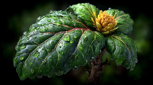 A close-up of a leaf with veins and water droplets in sharp detail. 