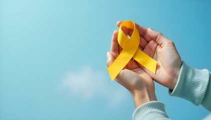 Hands with a yellow ribbon on a blue background, promoting support for Childhood Cancer Awareness Month and hope
