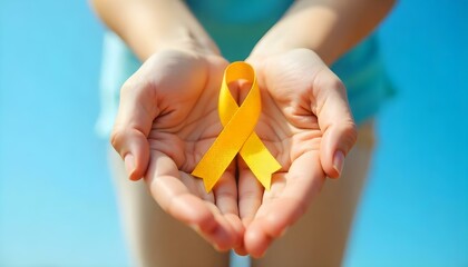 Hands holding a yellow ribbon on a blue background, symbolizing support for Childhood Cancer Awareness Month