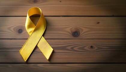 A gold ribbon on a wooden backdrop, representing awareness and support for childhood cancer during Awareness Month