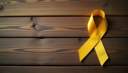 A yellow ribbon displayed on wood, signifying hope and awareness for childhood cancer support