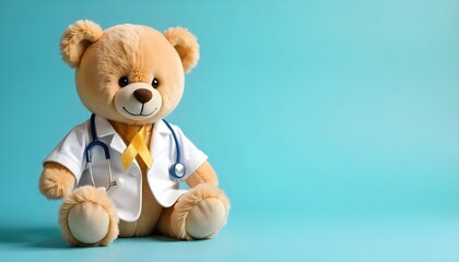 A teddy bear in a doctor's coat with a gold ribbon, symbolizing support for Childhood Cancer Awareness Month