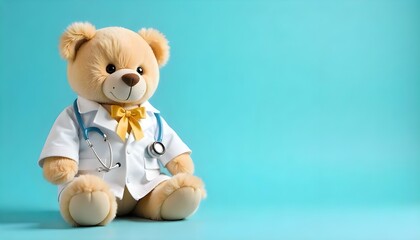 Teddy bear dressed as a doctor, adorned with a gold ribbon, representing hope and support for childhood cancer awareness